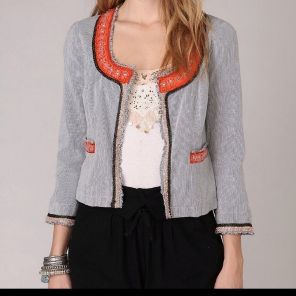 Free People My Fair Lady Cropped Jacket Blazer Blue Pinstripe Beaded Womens 4